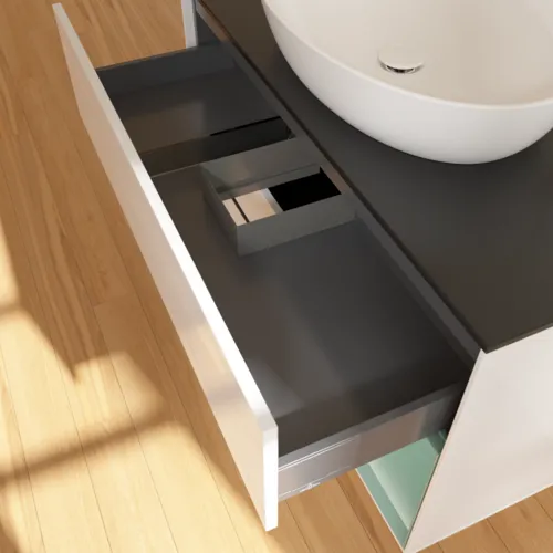 Bild von VILLEROY BOCH Finion Waschbeckenunterschrank, mit Beleuchtung, 2 Auszüge, 1000 x 603 x 501 mm, Glossy White Lacquer / Olive Matt Lacquer / Glass Black Matt #F902GMGF