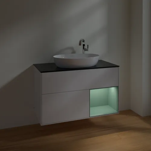 Bild von VILLEROY BOCH Finion Waschbeckenunterschrank, mit Beleuchtung, 2 Auszüge, 1000 x 603 x 501 mm, Glossy White Lacquer / Olive Matt Lacquer / Glass Black Matt #F902GMGF