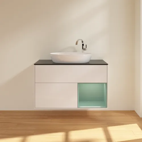 Bild von VILLEROY BOCH Finion Waschbeckenunterschrank, mit Beleuchtung, 2 Auszüge, 1000 x 603 x 501 mm, Glossy White Lacquer / Olive Matt Lacquer / Glass Black Matt #F902GMGF