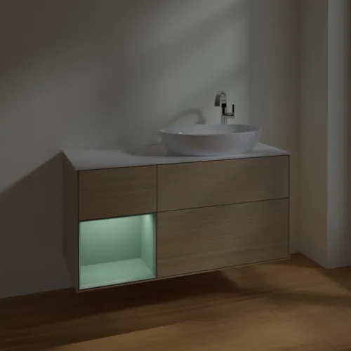 Bild von VILLEROY BOCH Finion Waschbeckenunterschrank, mit Beleuchtung, 3 Auszüge, 1200 x 603 x 501 mm, Oak Veneer / Olive Matt Lacquer / Glass White Matt #F921GMPC