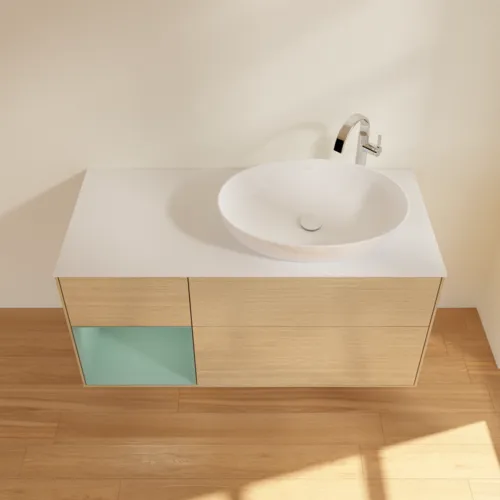 Bild von VILLEROY BOCH Finion Waschbeckenunterschrank, mit Beleuchtung, 3 Auszüge, 1200 x 603 x 501 mm, Oak Veneer / Olive Matt Lacquer / Glass White Matt #F921GMPC
