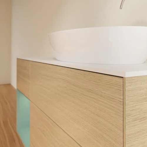 Bild von VILLEROY BOCH Finion Waschbeckenunterschrank, mit Beleuchtung, 3 Auszüge, 1200 x 603 x 501 mm, Oak Veneer / Olive Matt Lacquer / Glass White Matt #F921GMPC