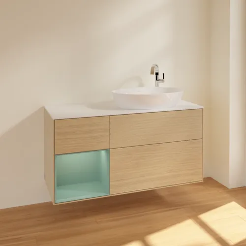 Bild von VILLEROY BOCH Finion Waschbeckenunterschrank, mit Beleuchtung, 3 Auszüge, 1200 x 603 x 501 mm, Oak Veneer / Olive Matt Lacquer / Glass White Matt #F921GMPC