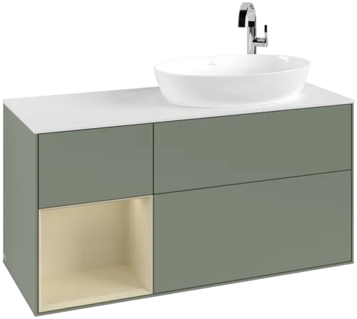VILLEROY BOCH Finion Vanity unit, with lighting, 3 pull-out compartments, 1200 x 603 x 501 mm, Olive Matt Lacquer / Silk Grey Matt Lacquer / Glass White Matt #F921HJGM resmi