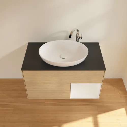 Bild von VILLEROY BOCH Finion Waschbeckenunterschrank, mit Beleuchtung, 2 Auszüge, 1000 x 603 x 501 mm, Oak Veneer / Glossy White Lacquer / Glass Black Matt #F902GFPC