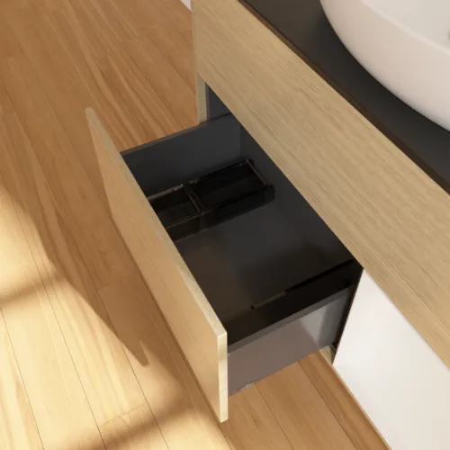 Bild von VILLEROY BOCH Finion Waschbeckenunterschrank, mit Beleuchtung, 2 Auszüge, 1000 x 603 x 501 mm, Oak Veneer / Glossy White Lacquer / Glass Black Matt #F902GFPC