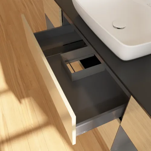 VILLEROY BOCH Finion Waschbeckenunterschrank, mit Beleuchtung, 4 Auszüge, 1600 x 603 x 501 mm, Oak Veneer / Anthracite Matt Lacquer / Glass Black Matt #F862GKPC, Bild 8