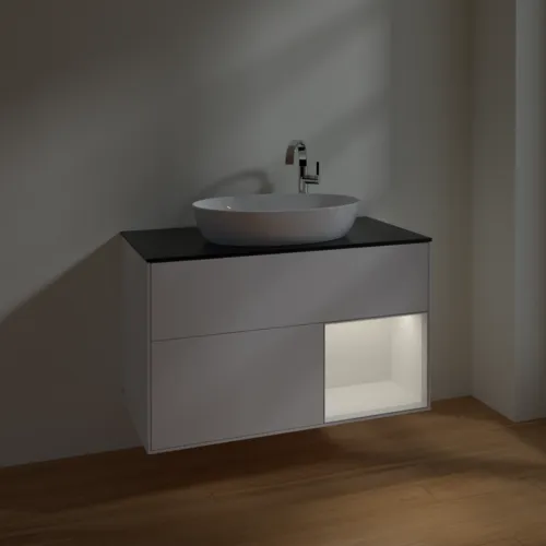 Bild von VILLEROY BOCH Finion Waschbeckenunterschrank, mit Beleuchtung, 2 Auszüge, 1000 x 603 x 501 mm, White Matt Lacquer / Glossy White Lacquer / Glass Black Matt #F902GFMT