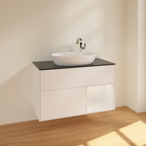 Bild von VILLEROY BOCH Finion Waschbeckenunterschrank, mit Beleuchtung, 2 Auszüge, 1000 x 603 x 501 mm, White Matt Lacquer / Glossy White Lacquer / Glass Black Matt #F902GFMT