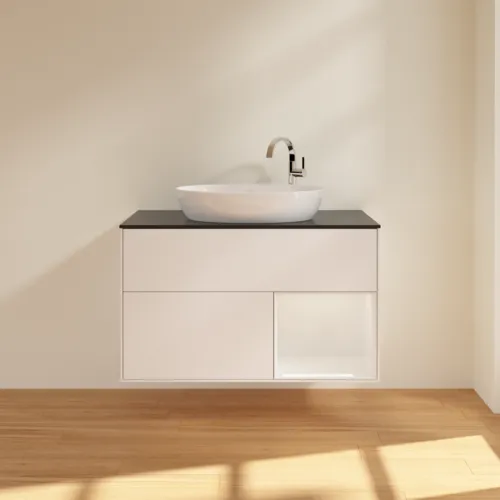 Bild von VILLEROY BOCH Finion Waschbeckenunterschrank, mit Beleuchtung, 2 Auszüge, 1000 x 603 x 501 mm, White Matt Lacquer / Glossy White Lacquer / Glass Black Matt #F902GFMT