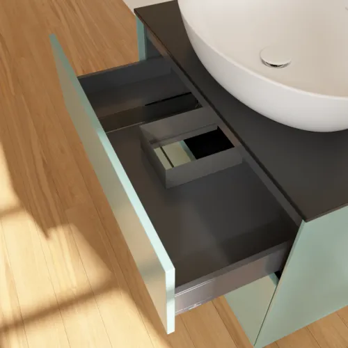 VILLEROY BOCH Finion Waschbeckenunterschrank, 2 Auszüge, 800 x 603 x 501 mm, Olive Matt Lacquer / Glass Black Matt #F87200GM, Bild 7