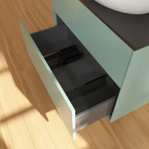VILLEROY BOCH Finion Waschbeckenunterschrank, 2 Auszüge, 800 x 603 x 501 mm, Olive Matt Lacquer / Glass Black Matt #F87200GM, Bild 6