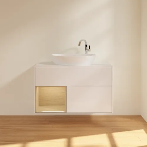 Bild von VILLEROY BOCH Finion Waschbeckenunterschrank, mit Beleuchtung, 2 Auszüge, 1000 x 603 x 501 mm, Glossy White Lacquer / Oak Veneer / Glass White Matt #F891PCGF