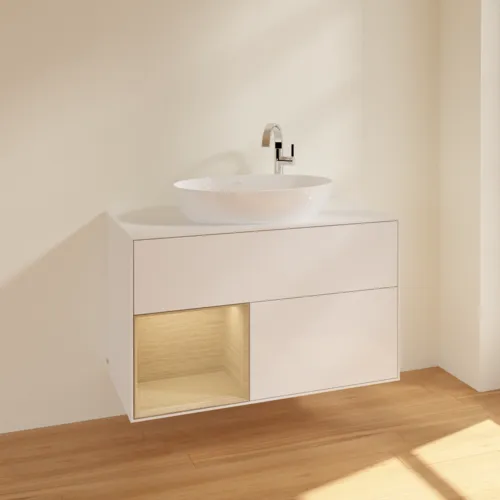 Bild von VILLEROY BOCH Finion Waschbeckenunterschrank, mit Beleuchtung, 2 Auszüge, 1000 x 603 x 501 mm, Glossy White Lacquer / Oak Veneer / Glass White Matt #F891PCGF