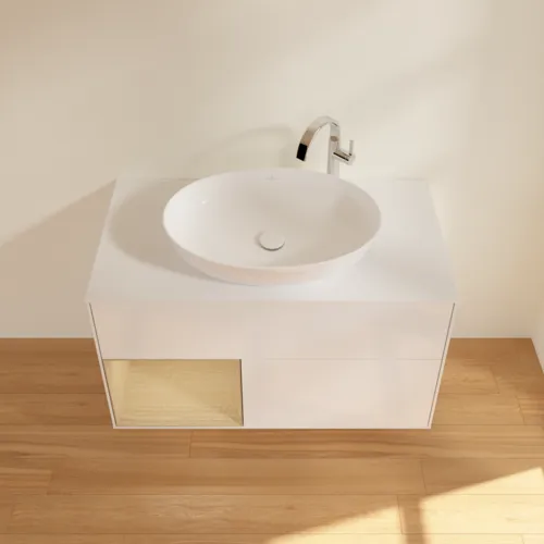 Bild von VILLEROY BOCH Finion Waschbeckenunterschrank, mit Beleuchtung, 2 Auszüge, 1000 x 603 x 501 mm, Glossy White Lacquer / Oak Veneer / Glass White Matt #F891PCGF
