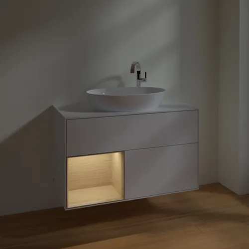 Bild von VILLEROY BOCH Finion Waschbeckenunterschrank, mit Beleuchtung, 2 Auszüge, 1000 x 603 x 501 mm, Glossy White Lacquer / Oak Veneer / Glass White Matt #F891PCGF