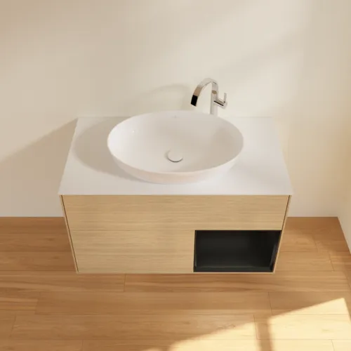 Bild von VILLEROY BOCH Finion Waschbeckenunterschrank, mit Beleuchtung, 2 Auszüge, 1000 x 603 x 501 mm, Oak Veneer / Black Matt Lacquer / Glass White Matt #F901PDPC