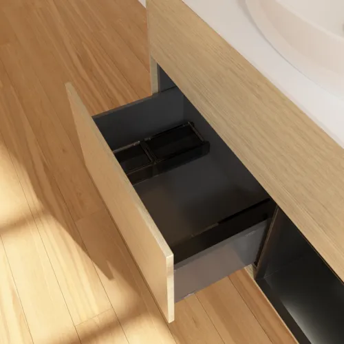 Bild von VILLEROY BOCH Finion Waschbeckenunterschrank, mit Beleuchtung, 2 Auszüge, 1000 x 603 x 501 mm, Oak Veneer / Black Matt Lacquer / Glass White Matt #F901PDPC