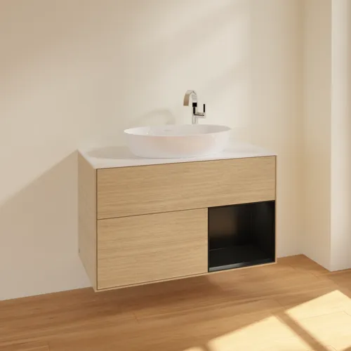 Bild von VILLEROY BOCH Finion Waschbeckenunterschrank, mit Beleuchtung, 2 Auszüge, 1000 x 603 x 501 mm, Oak Veneer / Black Matt Lacquer / Glass White Matt #F901PDPC