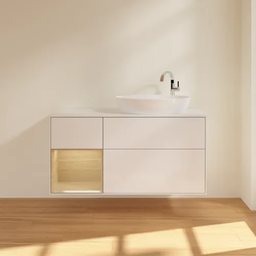 Bild von VILLEROY BOCH Finion Waschbeckenunterschrank, mit Beleuchtung, 3 Auszüge, 1200 x 603 x 501 mm, Glossy White Lacquer / Oak Veneer / Glass White Matt #F921PCGF