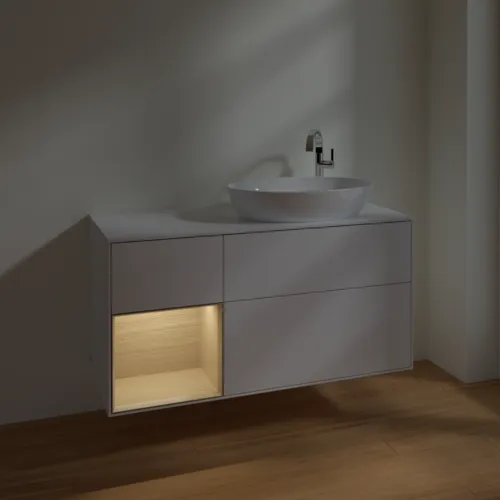 Bild von VILLEROY BOCH Finion Waschbeckenunterschrank, mit Beleuchtung, 3 Auszüge, 1200 x 603 x 501 mm, Glossy White Lacquer / Oak Veneer / Glass White Matt #F921PCGF