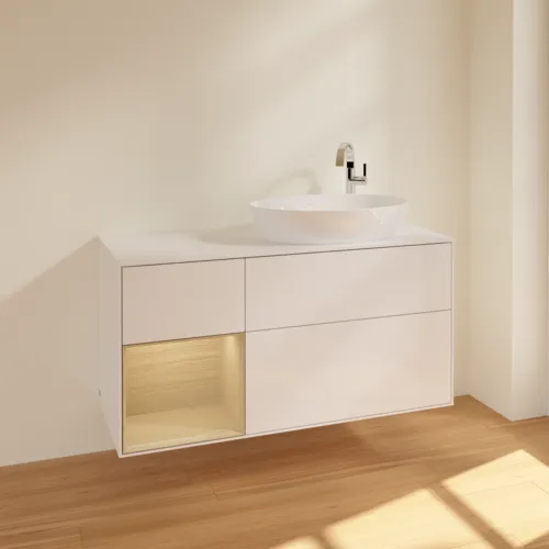Bild von VILLEROY BOCH Finion Waschbeckenunterschrank, mit Beleuchtung, 3 Auszüge, 1200 x 603 x 501 mm, Glossy White Lacquer / Oak Veneer / Glass White Matt #F921PCGF