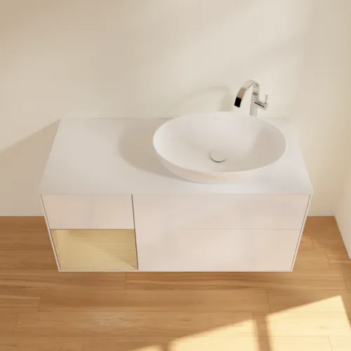 Bild von VILLEROY BOCH Finion Waschbeckenunterschrank, mit Beleuchtung, 3 Auszüge, 1200 x 603 x 501 mm, Glossy White Lacquer / Oak Veneer / Glass White Matt #F921PCGF