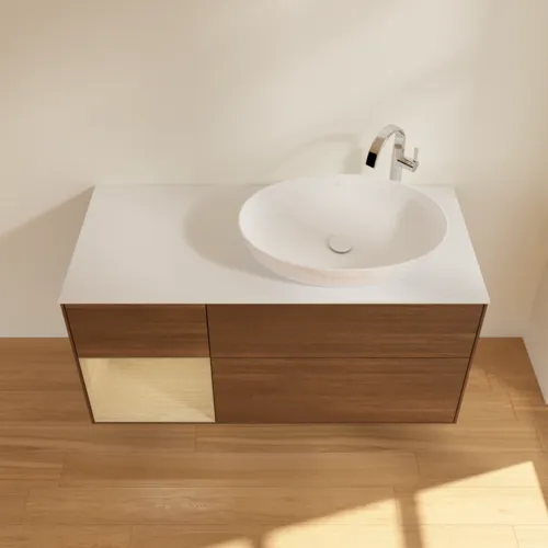 Bild von VILLEROY BOCH Finion Waschbeckenunterschrank, mit Beleuchtung, 3 Auszüge, 1200 x 603 x 501 mm, Walnut Veneer / Oak Veneer / Glass White Matt #F921PCGN