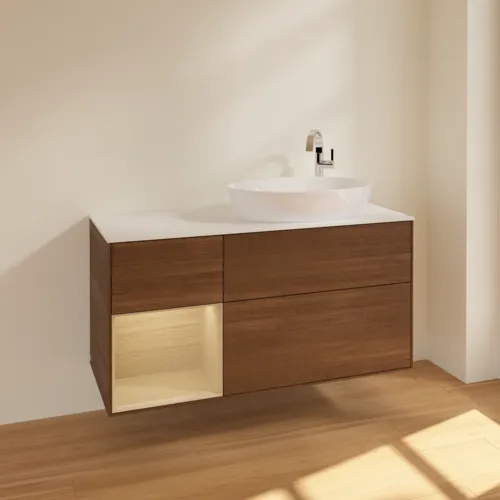 Bild von VILLEROY BOCH Finion Waschbeckenunterschrank, mit Beleuchtung, 3 Auszüge, 1200 x 603 x 501 mm, Walnut Veneer / Oak Veneer / Glass White Matt #F921PCGN