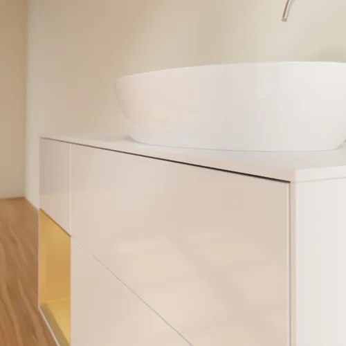 Bild von VILLEROY BOCH Finion Waschbeckenunterschrank, mit Beleuchtung, 3 Auszüge, 1200 x 603 x 501 mm, Glossy White Lacquer / Gold Matt Lacquer / Glass White Matt #F921HFGF