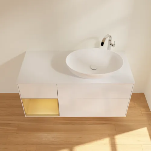 Bild von VILLEROY BOCH Finion Waschbeckenunterschrank, mit Beleuchtung, 3 Auszüge, 1200 x 603 x 501 mm, Glossy White Lacquer / Gold Matt Lacquer / Glass White Matt #F921HFGF