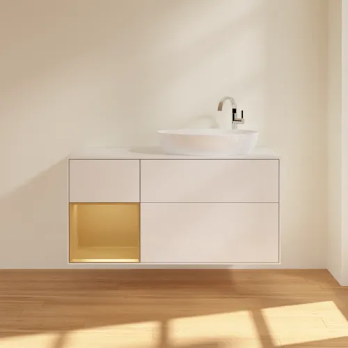 Bild von VILLEROY BOCH Finion Waschbeckenunterschrank, mit Beleuchtung, 3 Auszüge, 1200 x 603 x 501 mm, Glossy White Lacquer / Gold Matt Lacquer / Glass White Matt #F921HFGF
