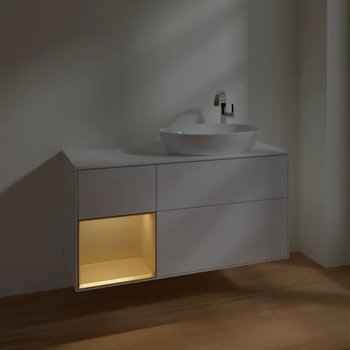 Bild von VILLEROY BOCH Finion Waschbeckenunterschrank, mit Beleuchtung, 3 Auszüge, 1200 x 603 x 501 mm, Glossy White Lacquer / Gold Matt Lacquer / Glass White Matt #F921HFGF