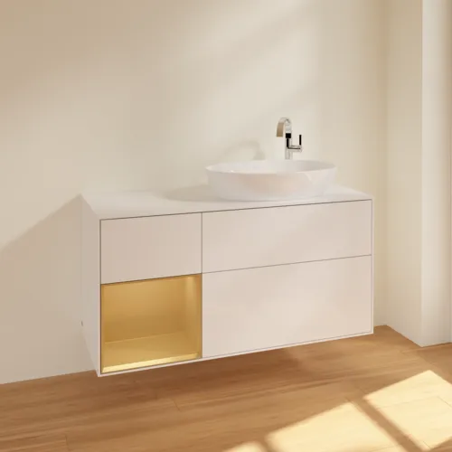 Bild von VILLEROY BOCH Finion Waschbeckenunterschrank, mit Beleuchtung, 3 Auszüge, 1200 x 603 x 501 mm, Glossy White Lacquer / Gold Matt Lacquer / Glass White Matt #F921HFGF
