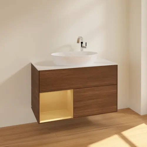Bild von VILLEROY BOCH Finion Waschbeckenunterschrank, mit Beleuchtung, 2 Auszüge, 1000 x 603 x 501 mm, Walnut Veneer / Gold Matt Lacquer / Glass White Matt #F891HFGN