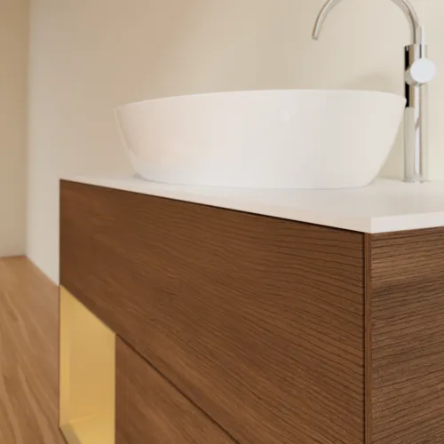 Bild von VILLEROY BOCH Finion Waschbeckenunterschrank, mit Beleuchtung, 2 Auszüge, 1000 x 603 x 501 mm, Walnut Veneer / Gold Matt Lacquer / Glass White Matt #F891HFGN