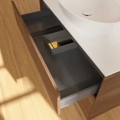 Bild von VILLEROY BOCH Finion Waschbeckenunterschrank, mit Beleuchtung, 2 Auszüge, 1000 x 603 x 501 mm, Walnut Veneer / Gold Matt Lacquer / Glass White Matt #F891HFGN