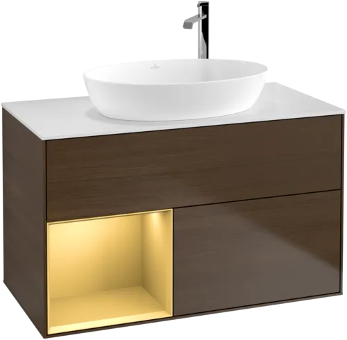 Obrázek VILLEROY BOCH Toaletní stolek Finion, s osvětlením, 2 výsuvy, 1000 x 603 x 501 mm, ořechová dýha / zlatý matný lak / sklo bílé matné #F891HFGN