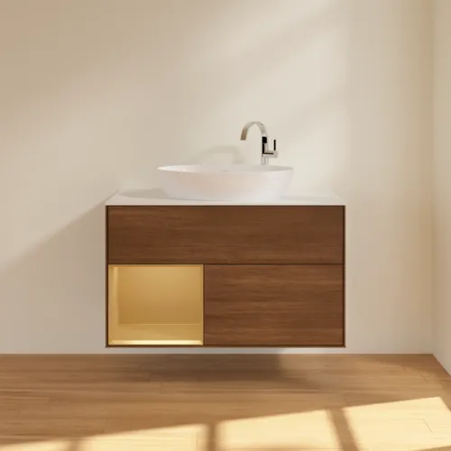 Bild von VILLEROY BOCH Finion Waschbeckenunterschrank, mit Beleuchtung, 2 Auszüge, 1000 x 603 x 501 mm, Walnut Veneer / Gold Matt Lacquer / Glass White Matt #F891HFGN