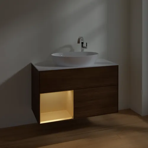Bild von VILLEROY BOCH Finion Waschbeckenunterschrank, mit Beleuchtung, 2 Auszüge, 1000 x 603 x 501 mm, Walnut Veneer / Gold Matt Lacquer / Glass White Matt #F891HFGN