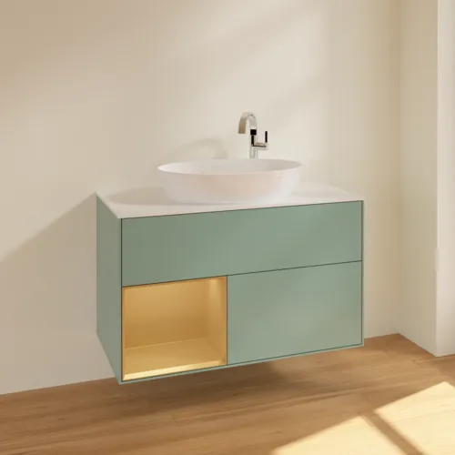 Bild von VILLEROY BOCH Finion Waschbeckenunterschrank, mit Beleuchtung, 2 Auszüge, 1000 x 603 x 501 mm, Olive Matt Lacquer / Gold Matt Lacquer / Glass White Matt #F891HFGM