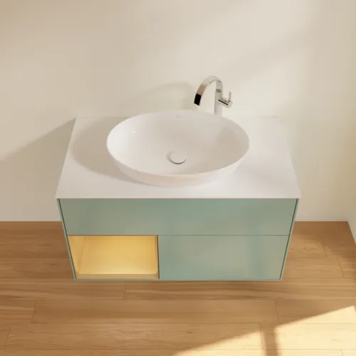 Bild von VILLEROY BOCH Finion Waschbeckenunterschrank, mit Beleuchtung, 2 Auszüge, 1000 x 603 x 501 mm, Olive Matt Lacquer / Gold Matt Lacquer / Glass White Matt #F891HFGM