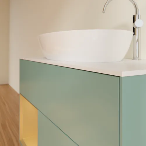 Bild von VILLEROY BOCH Finion Waschbeckenunterschrank, mit Beleuchtung, 2 Auszüge, 1000 x 603 x 501 mm, Olive Matt Lacquer / Gold Matt Lacquer / Glass White Matt #F891HFGM