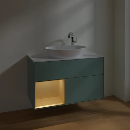 Bild von VILLEROY BOCH Finion Waschbeckenunterschrank, mit Beleuchtung, 2 Auszüge, 1000 x 603 x 501 mm, Olive Matt Lacquer / Gold Matt Lacquer / Glass White Matt #F891HFGM