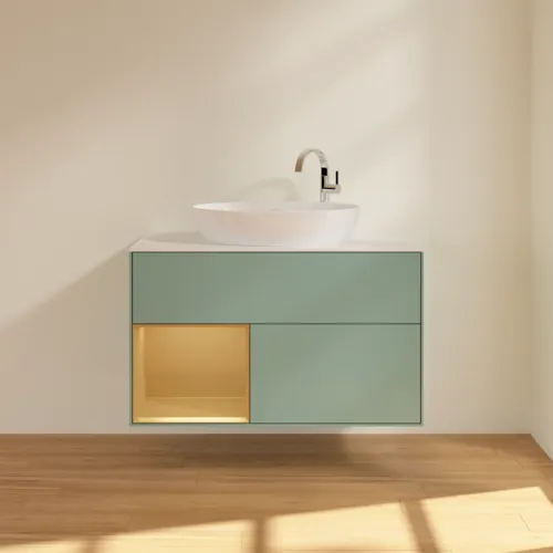 Bild von VILLEROY BOCH Finion Waschbeckenunterschrank, mit Beleuchtung, 2 Auszüge, 1000 x 603 x 501 mm, Olive Matt Lacquer / Gold Matt Lacquer / Glass White Matt #F891HFGM