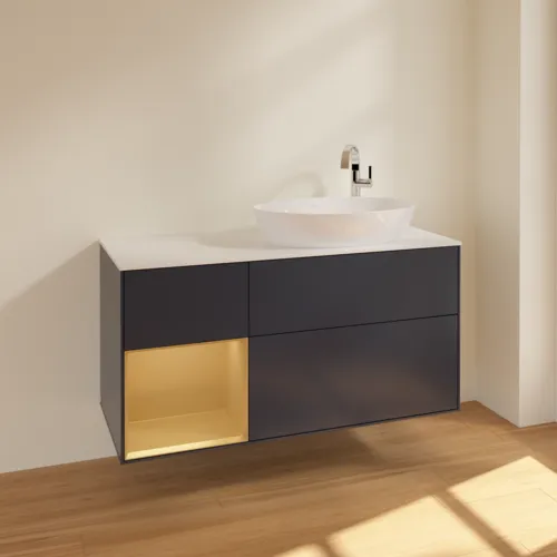 Obrázek VILLEROY BOCH Finion Vanity unit, with lighting, 3 pull-out compartments, 1200 x 603 x 501 mm, Midnight Blue Matt Lacquer / Gold Matt Lacquer / Glass White Matt #F921HFHG