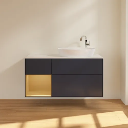 Obrázek VILLEROY BOCH Finion Vanity unit, with lighting, 3 pull-out compartments, 1200 x 603 x 501 mm, Midnight Blue Matt Lacquer / Gold Matt Lacquer / Glass White Matt #F921HFHG