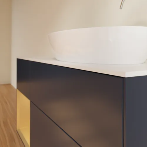 Obrázek VILLEROY BOCH Finion Vanity unit, with lighting, 3 pull-out compartments, 1200 x 603 x 501 mm, Midnight Blue Matt Lacquer / Gold Matt Lacquer / Glass White Matt #F921HFHG