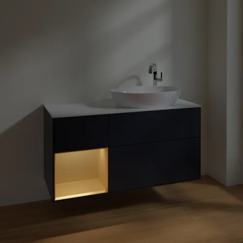 Obrázek VILLEROY BOCH Finion Vanity unit, with lighting, 3 pull-out compartments, 1200 x 603 x 501 mm, Midnight Blue Matt Lacquer / Gold Matt Lacquer / Glass White Matt #F921HFHG