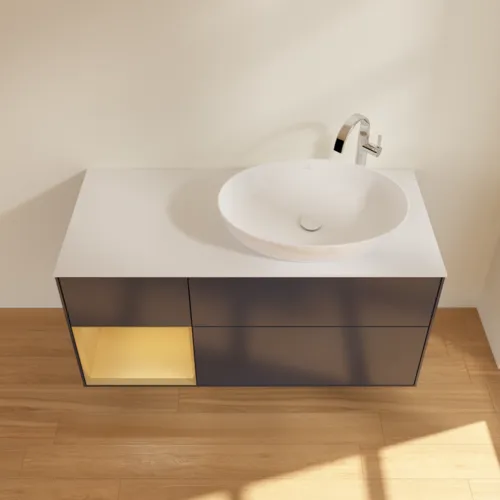 Obrázek VILLEROY BOCH Finion Vanity unit, with lighting, 3 pull-out compartments, 1200 x 603 x 501 mm, Midnight Blue Matt Lacquer / Gold Matt Lacquer / Glass White Matt #F921HFHG